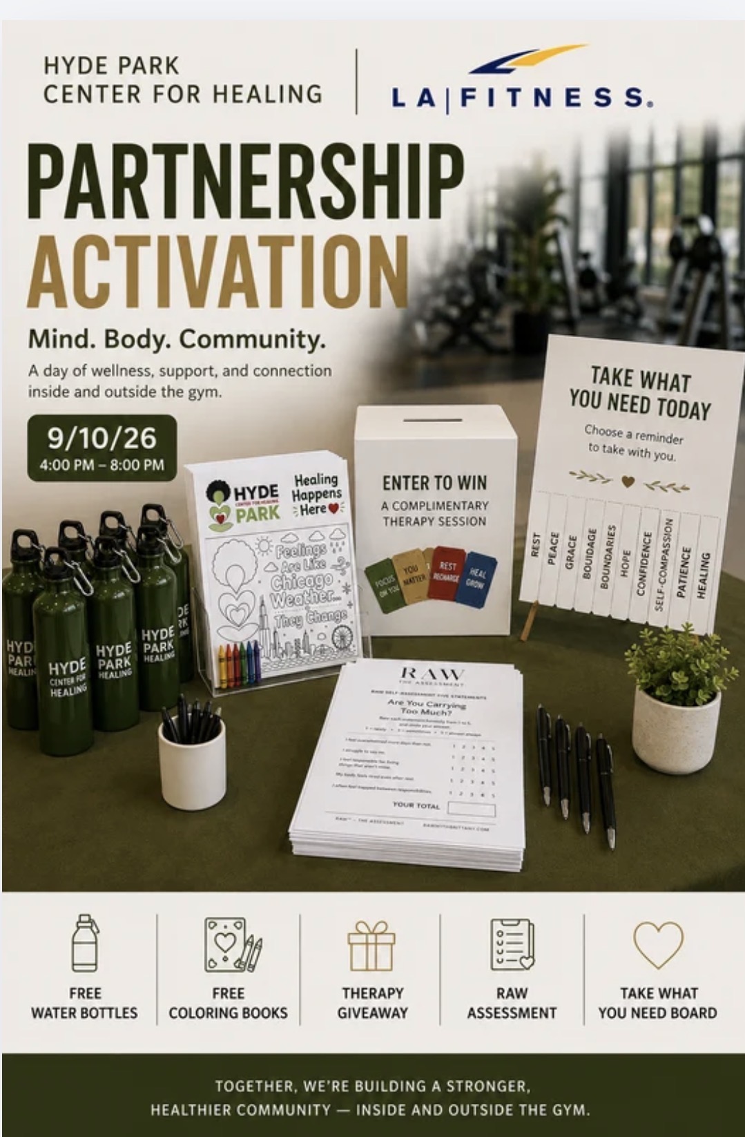 Hyde Park Center for Healing and L.A. Fitness Partnership Activation flyer for September 10, 2026, from 4:00 PM to 8:00 PM